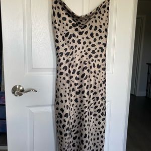 Satin black/tan spotted strap midi dress